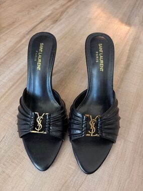 Designer Black Slide Mules with Gold Hardware Sandals size 7
